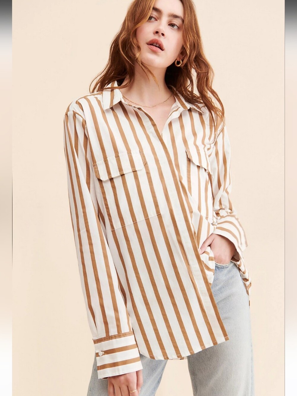 Mikoh Sierra White And Tan Stripes Button Up Blouse Size Medium